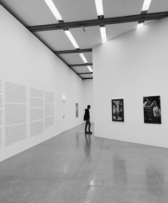 gallery hall with man who's watching pictures on the walls